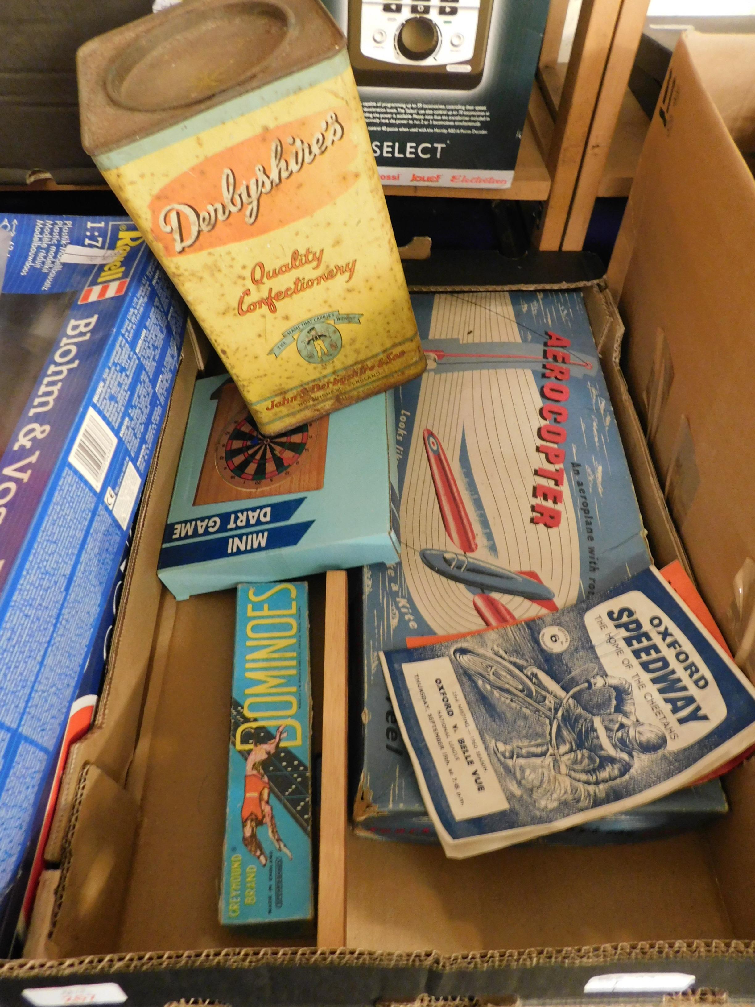 BOX CONTAINING MIXED EPHEMERA, DERBYSHIRE CONFECTIONERY TIN ETC