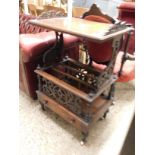 19TH CENTURY WALNUT CANTERBURY WITH FRETWORK CARVED PANELS AND SIDES WITH OPEN TABLE TOP WITH SINGLE