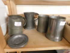 FOUR PEWTER TANKARDS AND SET OF THREE SMALL PEWTER DISHES
