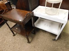 OAK FRAMED TWO TIER TEA TROLLEY TOGETHER WITH A PAINTED WHITE TWO TIER TEA TROLLEY (2)