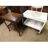 OAK FRAMED TWO TIER TEA TROLLEY TOGETHER WITH A PAINTED WHITE TWO TIER TEA TROLLEY (2)