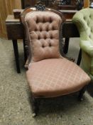 VICTORIAN WALNUT FRAMED NURSING CHAIR WITH CORAL AND GOLD BUTTON BACK DETAIL