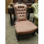 VICTORIAN WALNUT FRAMED NURSING CHAIR WITH CORAL AND GOLD BUTTON BACK DETAIL