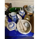 MIXED LOT OF BLUE PRINTED TEA POTS, JUG, PESTLE AND MORTAR ETC