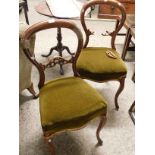 MAHOGANY BALLOON BACK DINING CHAIRS WITH CABRIOLE FRONT LEGS AND GREEN UPHOLSTERED SEATS (ONE A/F)
