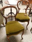 MAHOGANY BALLOON BACK DINING CHAIRS WITH CABRIOLE FRONT LEGS AND GREEN UPHOLSTERED SEATS (ONE A/F)