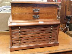 OAK FRAMED LIFT UP TOP CANTEEN BOX WITH TWO DRAWERS TOGETHER WITH A MAHOGANY FRAMED SEVEN DRAWER