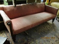 VICTORIAN MAHOGANY FRAMED THREE SEATER SOFA WITH PUCE UPHOLSTERY (A/F)