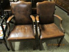 PAIR OF LEATHERETTE BEECHWOOD FRAMED ARMCHAIRS WITH BUTTON DETAIL