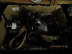 BOX CONTAINING MIXED BINOCULARS, YASHICA CAMERA ETC