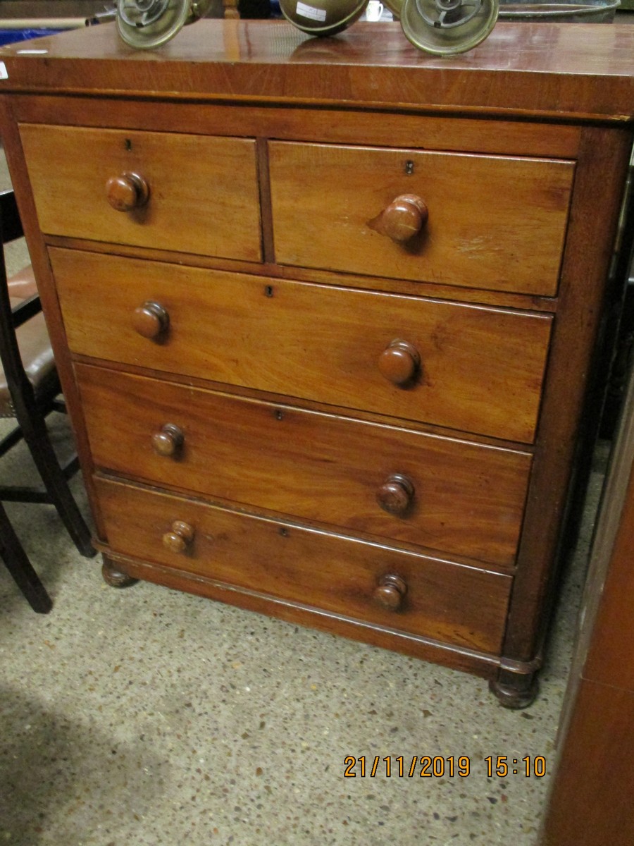 19TH CENTURY MAHOGANY STRAIGHT FRONTED TWO OVER THREE FULL WIDTH DRAWER WITH TURNED KNOB HANDLES