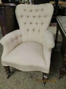 VICTORIAN MAHOGANY FRAMED ARMCHAIR WITH CREAM UPHOLSTERY AND BUTTON BACK