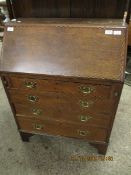 OAK FRAMED CHEQUERED INLAID BUREAU WITH DROP FRONT WITH FOUR FULL WIDTH DRAWERS RAISED ON BRACKET