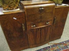 ART DECO WALNUT LIFT UP TOP DRINKS CABINET FLANKED EITHER SIDE BY CUPBOARD DOORS WITH BAKELITE