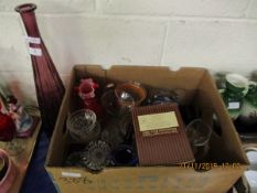 TRAY AND A BOX CONTAINING MIXED GLASS WARES, VASES ETC