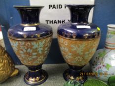 PAIR OF DOULTON LAMBETH BLUE AND GILT VASES