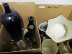 BOX CONTAINING MIXED GLASS JUGS, LARGE BLUE GLASS BOTTLE, ORNAMENTS ETC