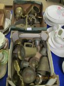 TWO BOXES OF MIXED BRASS WARES, TRIVETS, SKIMMER ETC