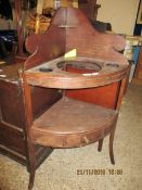 GEORGIAN MAHOGANY CORNER WASH STAND WITH CIRCULAR INLET WITH OPEN SHELF WITH SINGLE DRAWER AND BRASS