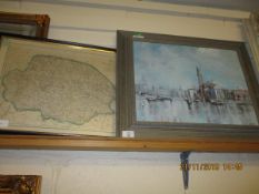 GOOD QUALITY OIL OF A VENETIAN SCENE BY BRIAN RYDER TOGETHER WITH A REPRODUCTION MAP OF NORFOLK