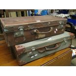 LEATHER VINTAGE SUITCASE AND A SMALLER ONE, AND A FURTHER HESSIAN AND LEATHER CASE (3)