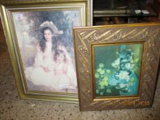 GILT FRAMED PRINT OF TWO SISTERS TOGETHER WITH ANOTHER ONE OF CATS (2)