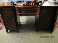 REGENCY MAHOGANY TWIN PEDESTAL SIDEBOARD FITTED CENTRALLY WITH SHAPED DRAWER FLANKED EITHER SIDE