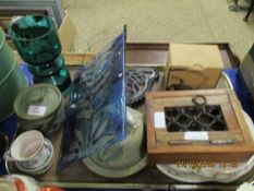 TRAY CONTAINING GLASS PANELLED DISHES, EASTERN HARDWOOD KEY BOX ETC