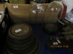 QUANTITY OF VARIOUS SIZED EBONISED SOCLES, TWO GLASS DOMES ETC