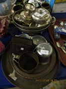 MIXED LOT OF SILVER PLATED WARES, DISHES, COPPER TANKARD ETC