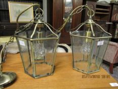 TWO MODERN BRASS EFFECT SIX GLASS ELECTRIC LIGHT FITTINGS OR LANTERNS