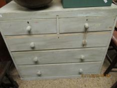 GREEN PAINTED TWO OVER THREE FULL WIDTH DRAWER PINE FRAMED CHEST