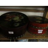 TWO GOOD QUALITY MODERN CIRCULAR PAINTED TOP HAT BOXES