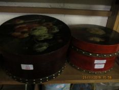 TWO GOOD QUALITY MODERN CIRCULAR PAINTED TOP HAT BOXES