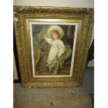 GILT FRAMED PRINT OF A YOUNG GIRL IN A BONNET AND A BASKET OF FLOWERS