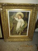 GILT FRAMED PRINT OF A YOUNG GIRL IN A BONNET AND A BASKET OF FLOWERS