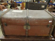 BROWN REXINE AND BEECHWOOD BOUND TRUNK (A/F)