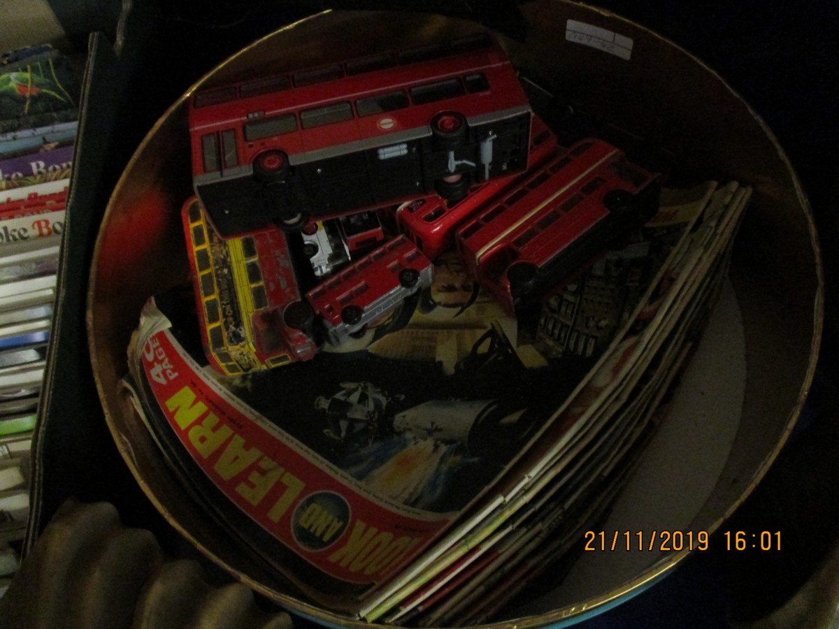 TUB CONTAINING MIXED LOOK AND LEARN MAGAZINES AND DIE-CAST DOUBLE DECKER BUSES