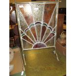 19TH CENTURY BRASS RAILED FIRE GUARD WITH STAINED GLASS PANEL