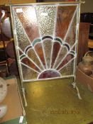 19TH CENTURY BRASS RAILED FIRE GUARD WITH STAINED GLASS PANEL