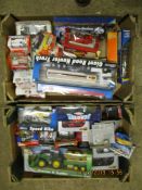 TWO BOXES CONTAINING MIXED BOXED CHILDREN’S TOY MOTORBIKES, TRACTORS, CARS ETC