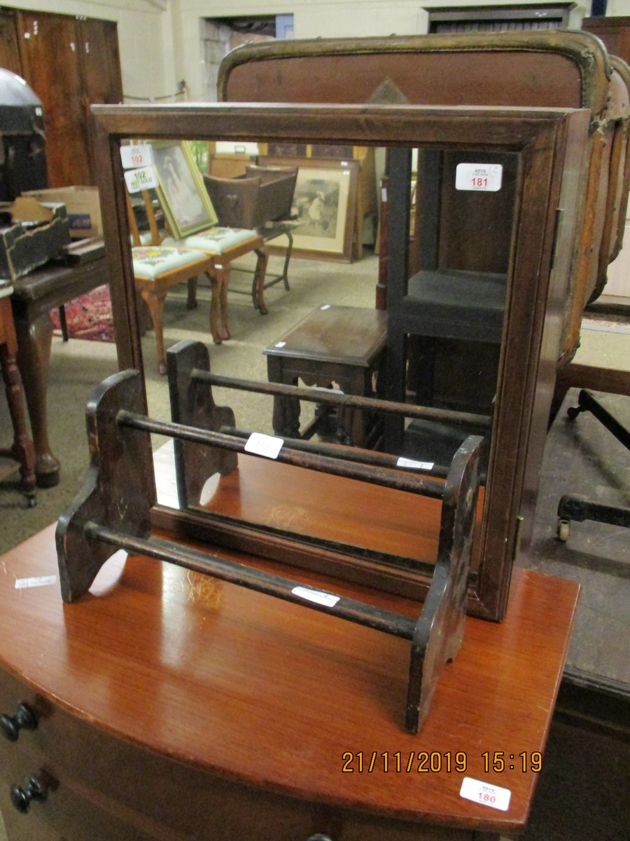 MAHOGANY FRAMED WALL MOUNTED MIRRORED DOOR CUPBOARD TOGETHER WITH A TABLE TOP BOOK STAND