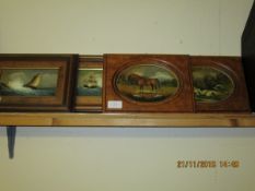 PAIR OF FRAMED SHIPPING SCENES TOGETHER WITH A FURTHER TWO SMALL OVALS OF A HORSE AND DOGS (4)