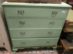 GREEN PAINTED UPCYCLED FOUR FULL WIDTH DRAWER CHEST ON PAD FEET WITH PRINTED TOP