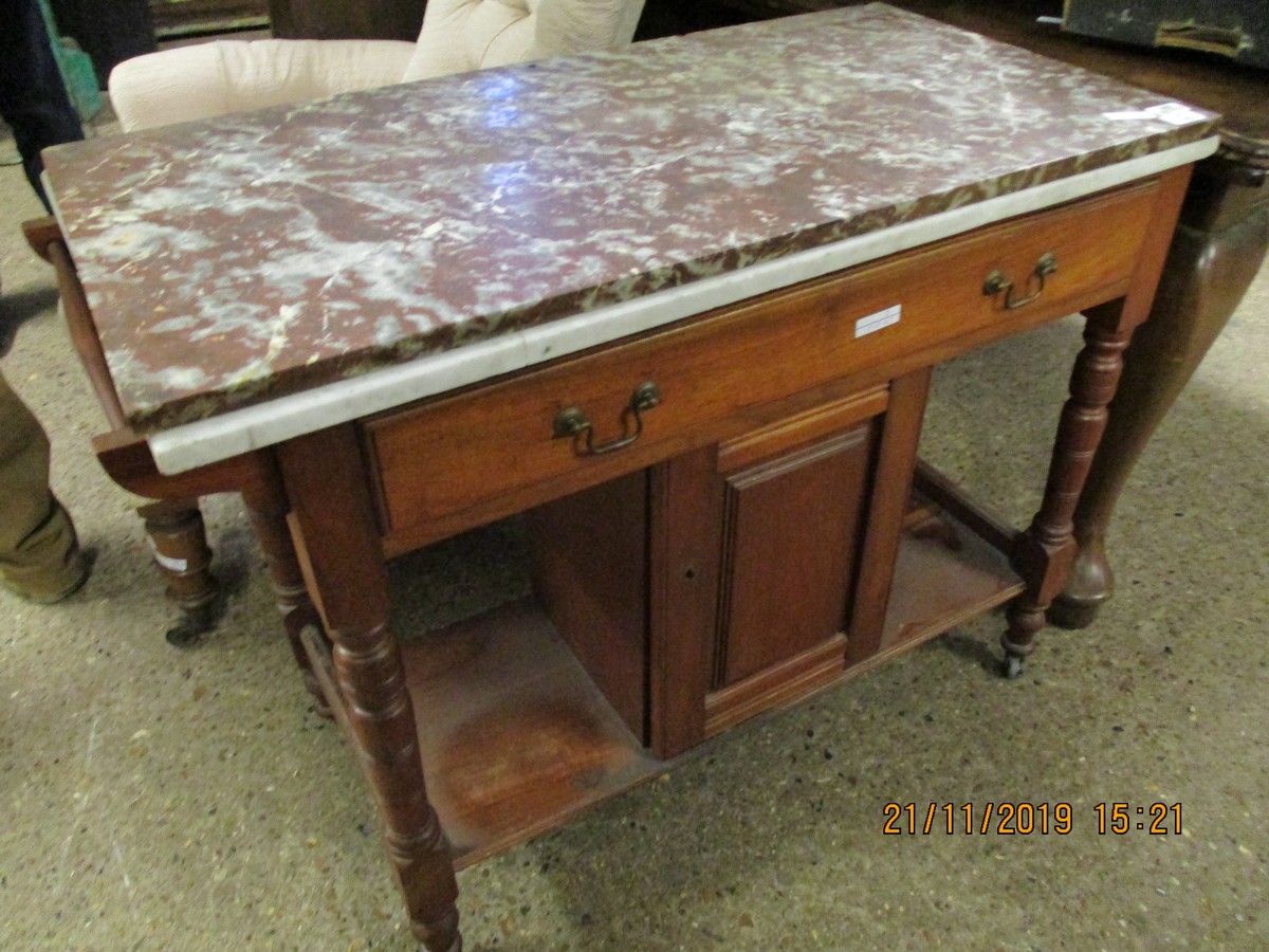 WHITE MARBLE TOP WASH STAND WITH SINGLE DRAWER AND CUPBOARD DOOR WITH OPEN SHELVES RAISED ON