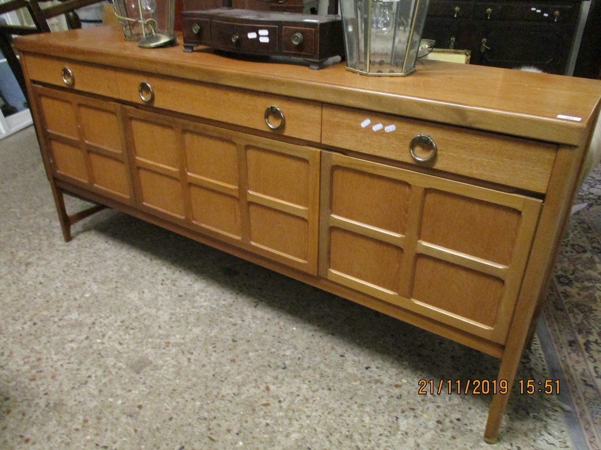 GOOD QUALITY LARGE NATHAN TEAK SIDEBOARD WITH THREE DRAWERS OVER THREE CUPBOARD DOORS