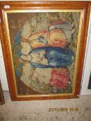 MAPLE WOOD FRAMED EMBROIDERED RELIGIOUS PICTURE