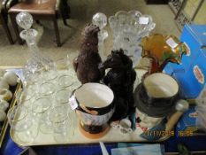 TRAY CONTAINING A PAIR OF 19TH CENTURY DECANTERS, CUT GLASS VASE, GLASSES, TOBY JUGS ETC