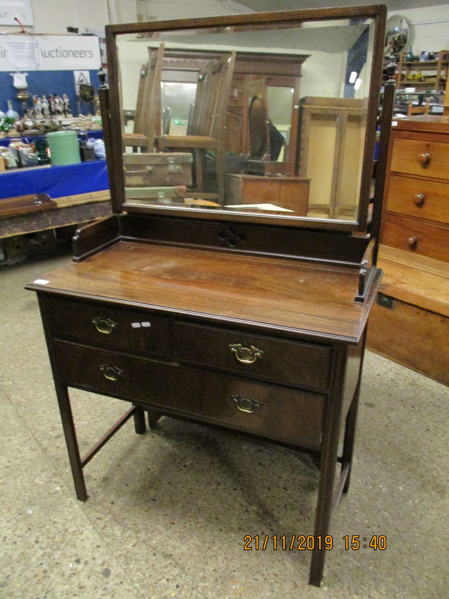 MAHOGANY FRAMED DRESSING CHEST WITH RECTANGULAR MIRROR WITH TWO DRAWERS OVER FULL WIDTH DRAWER ON