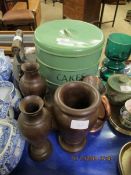 MIXED TURNED VASES, FLAT IRON, VINTAGE CAKE TIN ETC